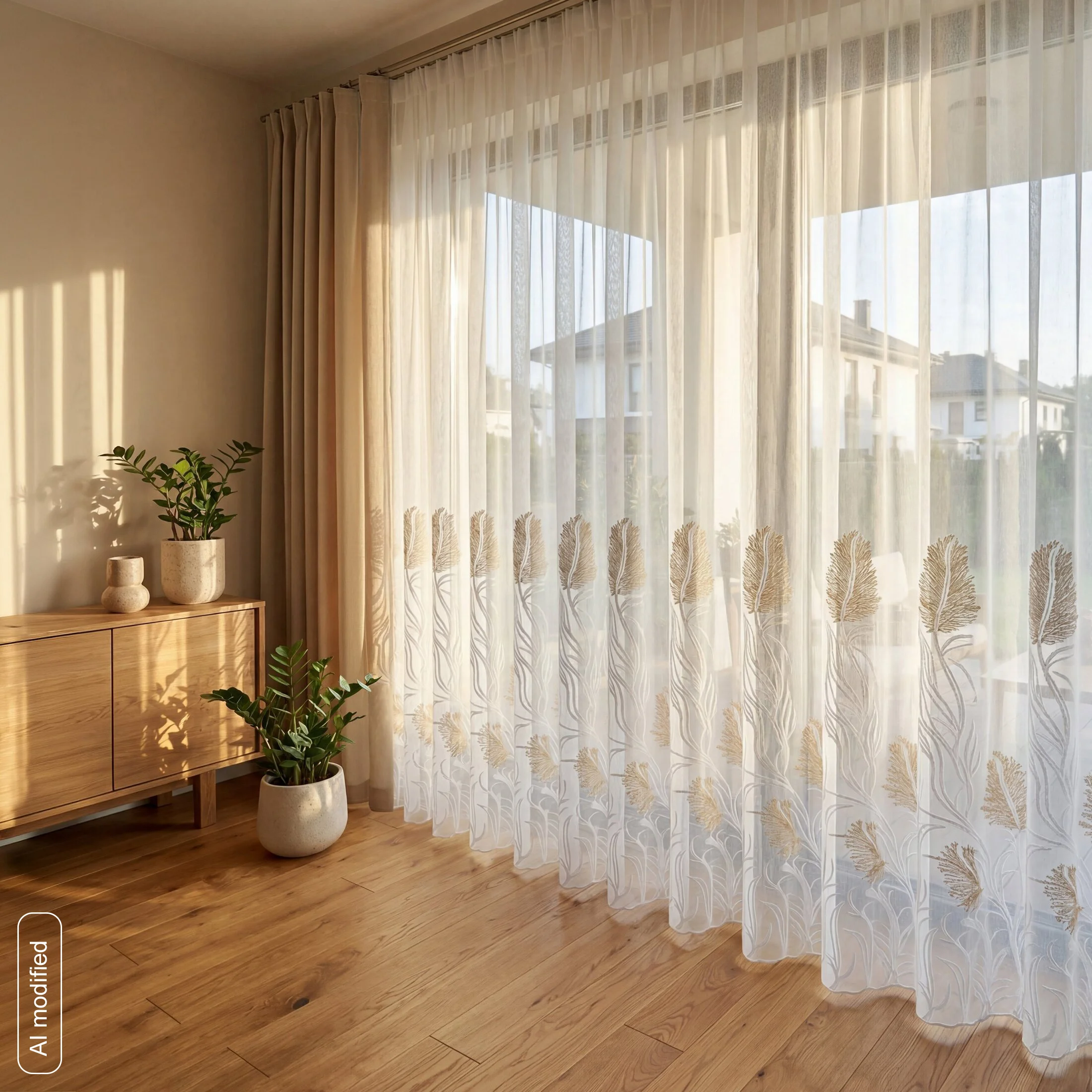 Firana biało-złota z etaminy 400x270 cm zdobiona haftem ozdobnej trawy taśma - TILDA