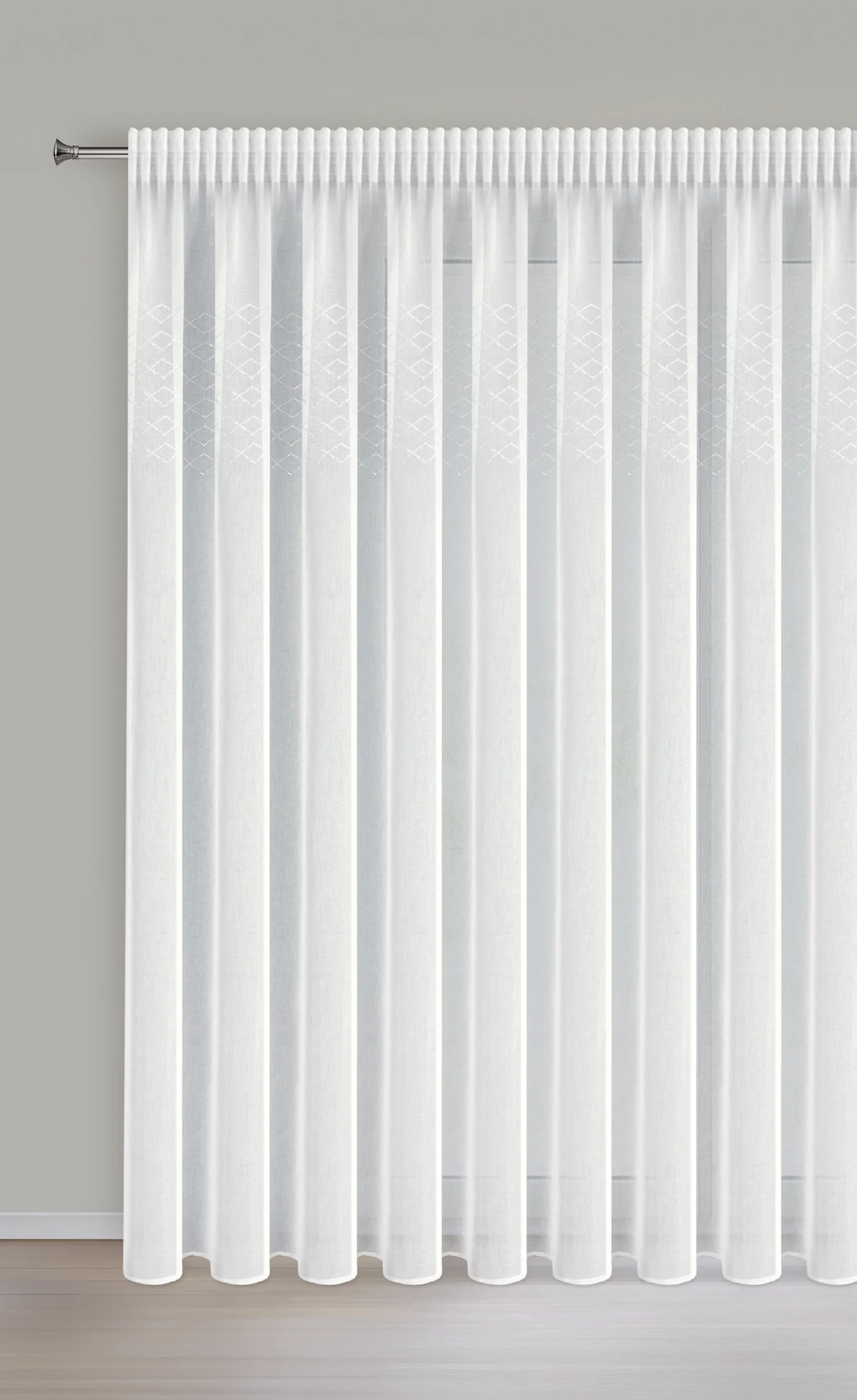 Firana biała z delikatnej etaminy zdobiona błyszczącym pasem kryształków 345x260 cm taśma KLOE