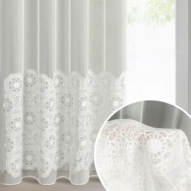 Firana kolor naturalny z tkaniny typu peru zdobiona aplikacją 140x250 cm przelotka - LIZA