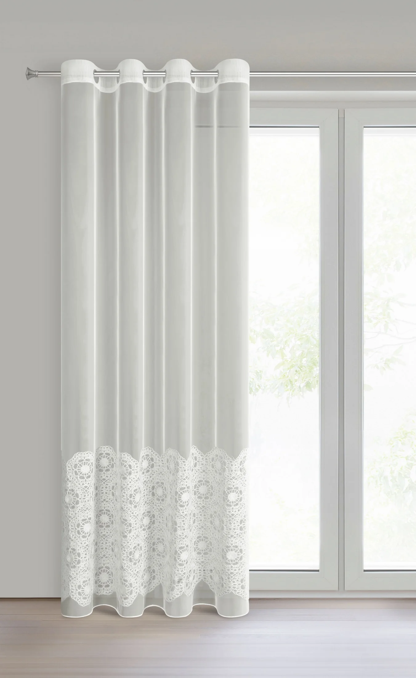 Firana kolor naturalny z tkaniny typu peru zdobiona aplikacją 140x250 cm przelotka - LIZA