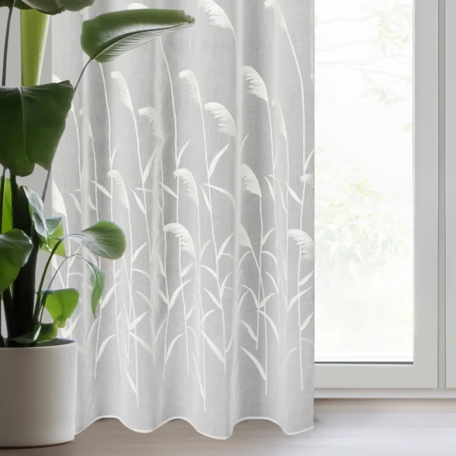 Firana kremowa z etaminy zdobiona haftem trawy pampasowej 140x250 cm przelotka - ABBIE