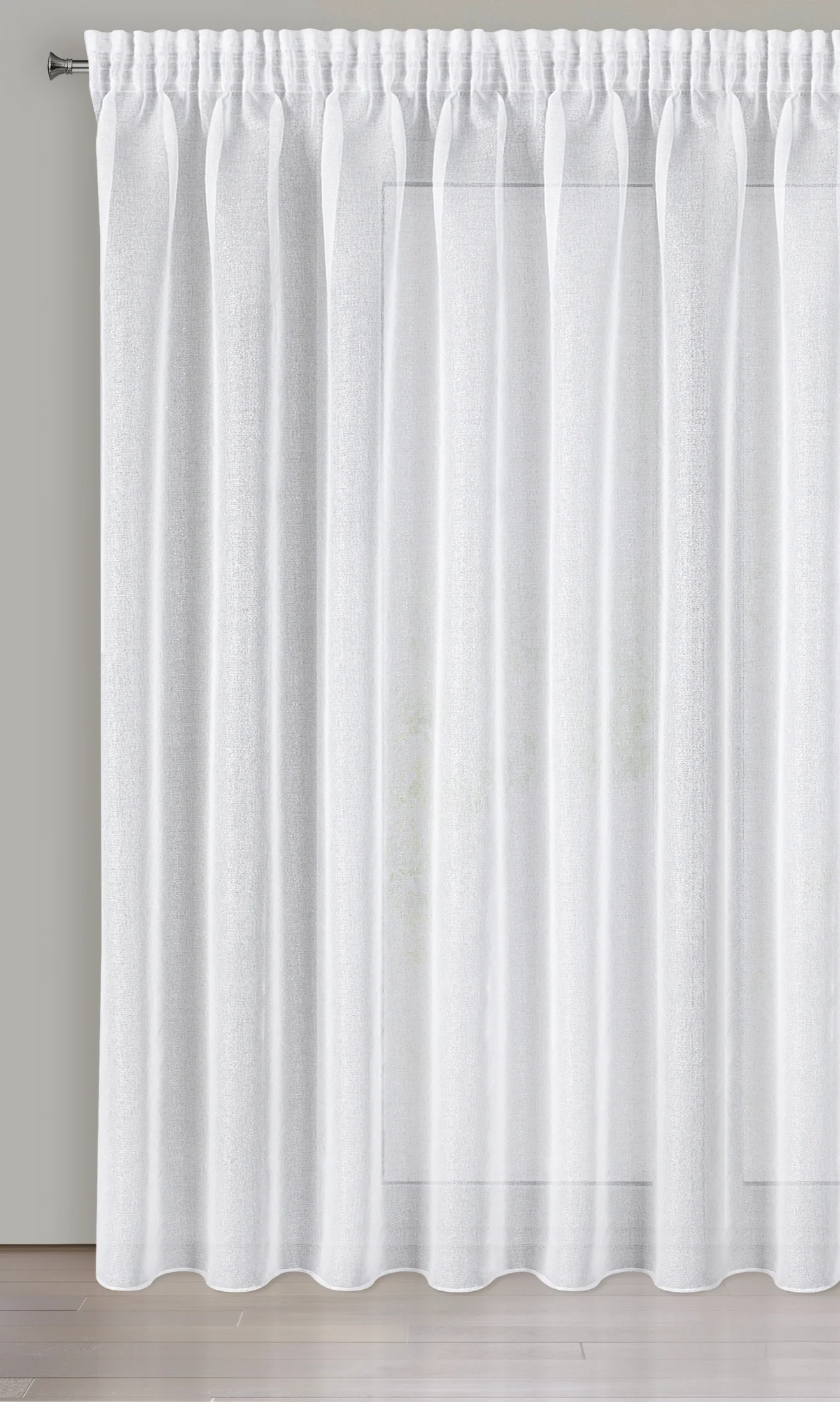 Firana biało, srebrna z gładkiej etaminy z efektem połysku 350x270 cm taśma LENA