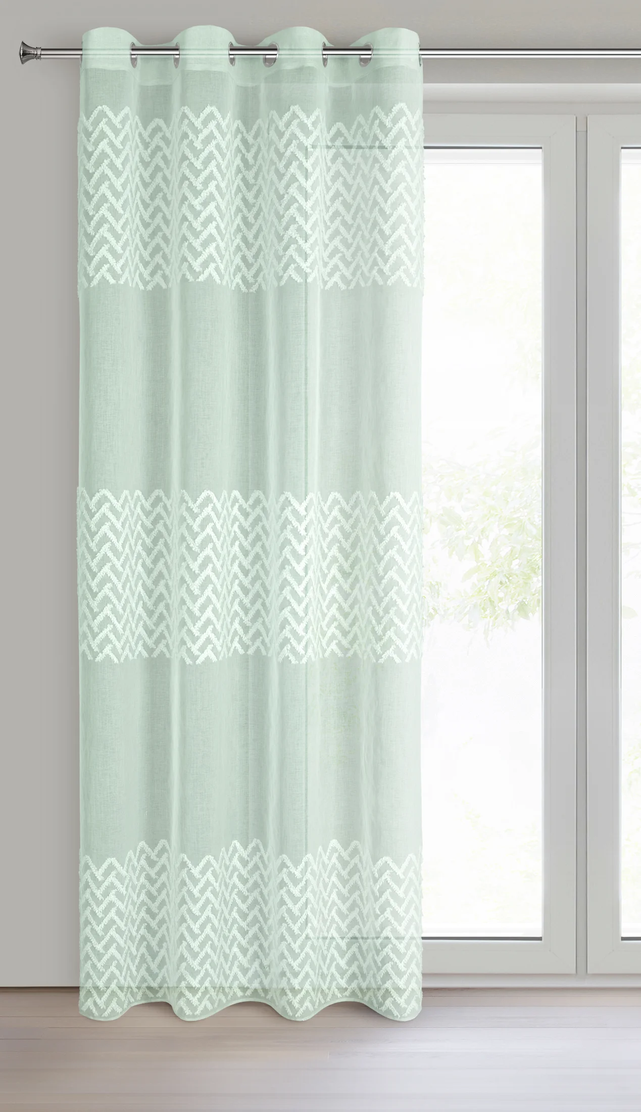 Firana miętowa zdobiona puszystą aplikacją 140x250 cm przelotka ESTER