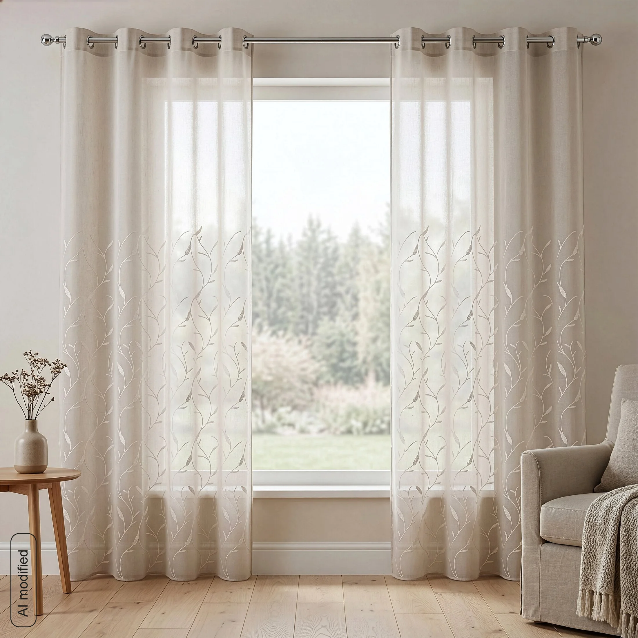 Firana naturalna 140x250 cm z dodatkiem lnu zdobiona haftem roślinnym przelotka - INA