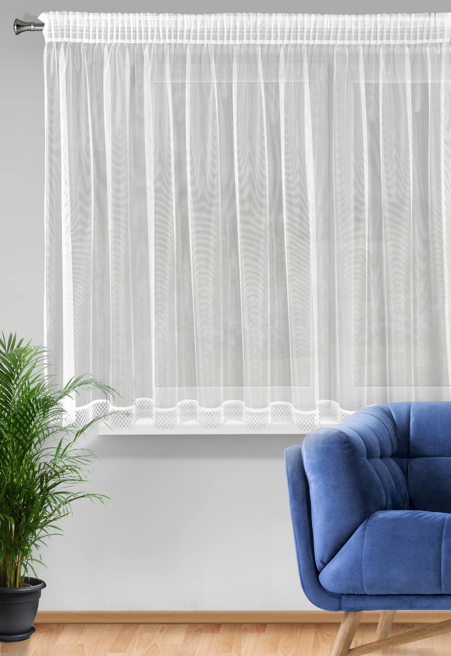 Firana biała z lekkiej mikrosiateczki z połyskiem zakończona koronką 300x145 cm taśma NEL