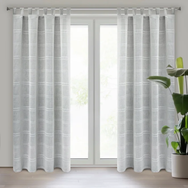 Firana srebrna z etaminy zdobiona szenilowymi paseczkami 140x250 cm szelki - ARCADIA