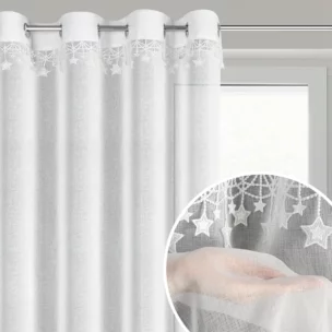 Firana świąteczna biała z etaminy zdobiona aplikacją z motywem gwiazdek 140x250 cm przelotki - XMAS