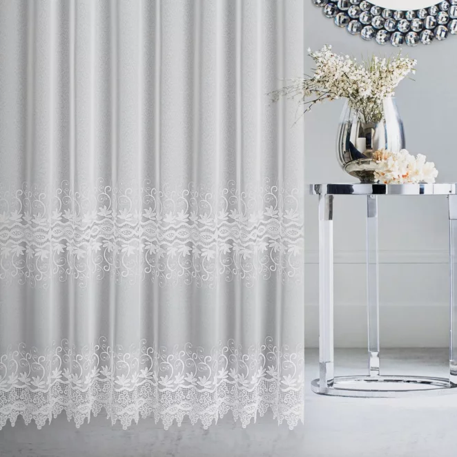 Firana szyta na taśmie 8 cm PALOMA biała elegancka, z aplikacją na markizecie