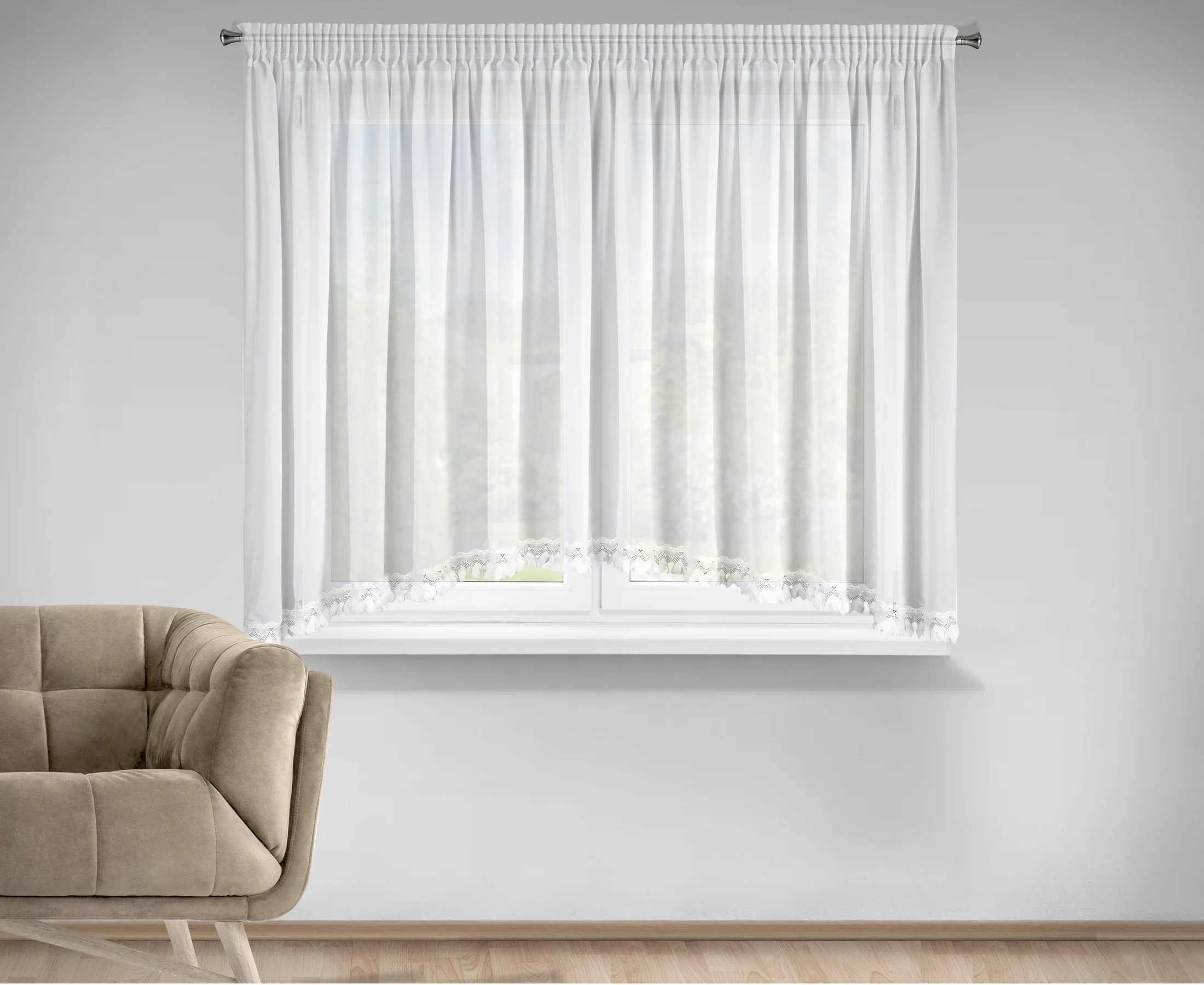 Firana typu łuk biała z szyfonu zdobiona aplikacją 400x160 cm taśma - LORETA
