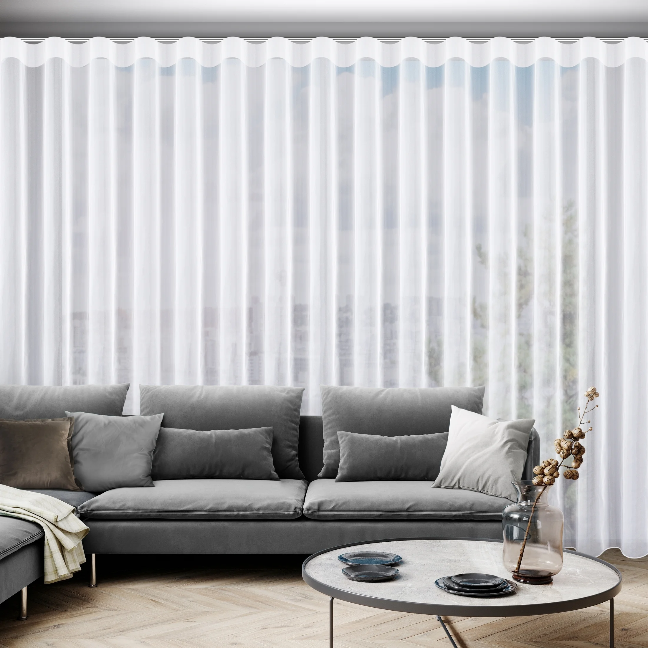 Firana biała z gładkiego mlecznego woalu wykończona szwem obciążającym VIOLET 200x250 cm fala 1:2