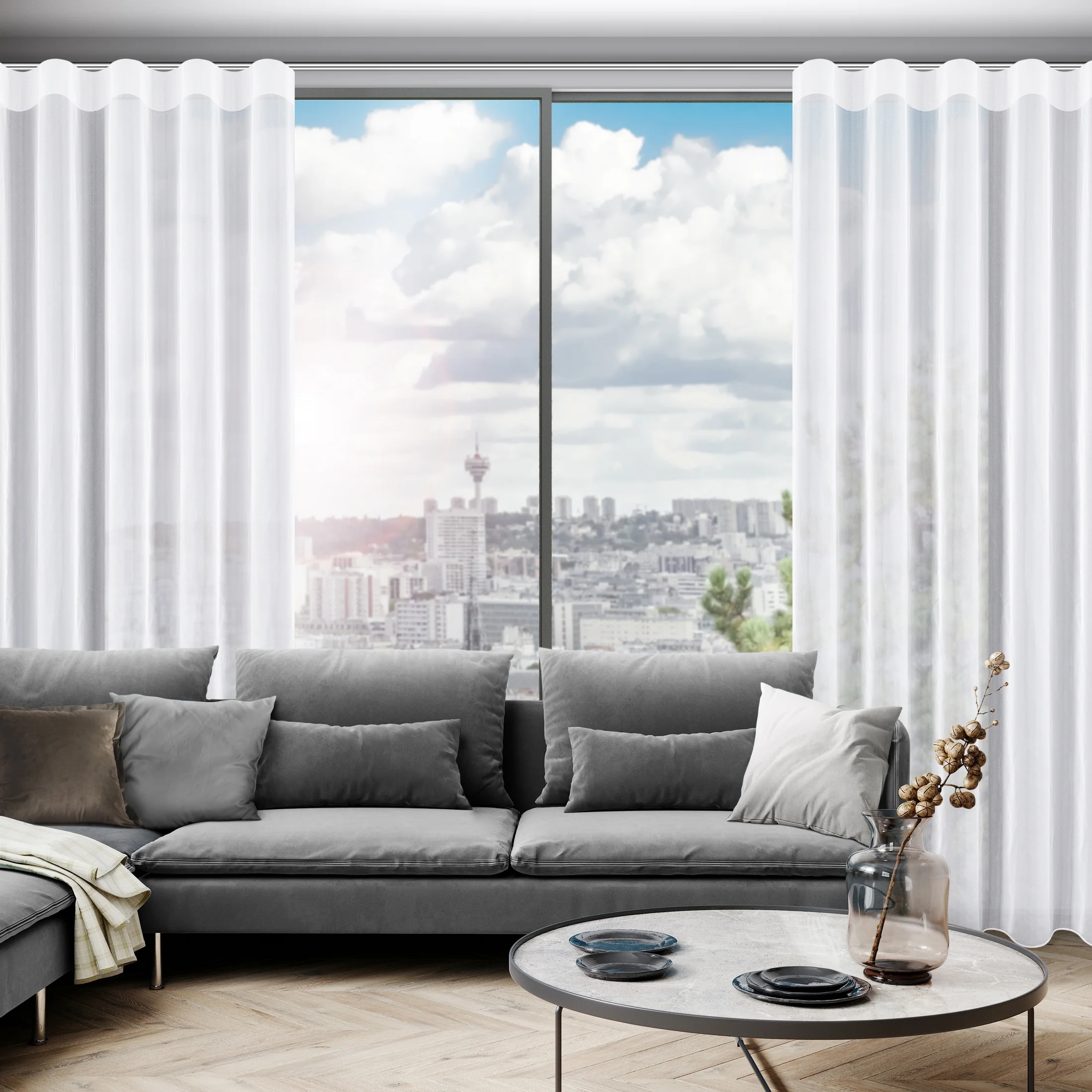 Firana biała z gładkiego mlecznego woalu wykończona szwem obciążającym VIOLET 150x245 cm fala 1:2