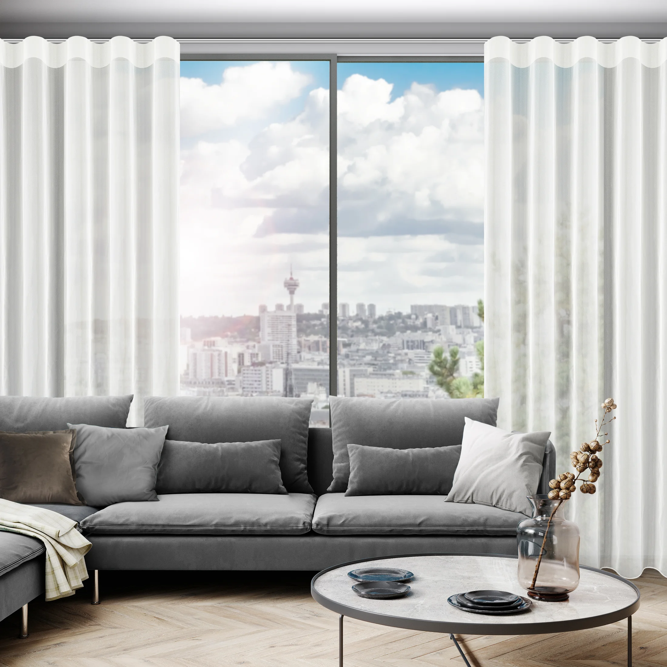 Firana kremowa z gładkiego mlecznego woalu wykończona szwem obciążającym VIOLET 150x240 cm fala 1:2