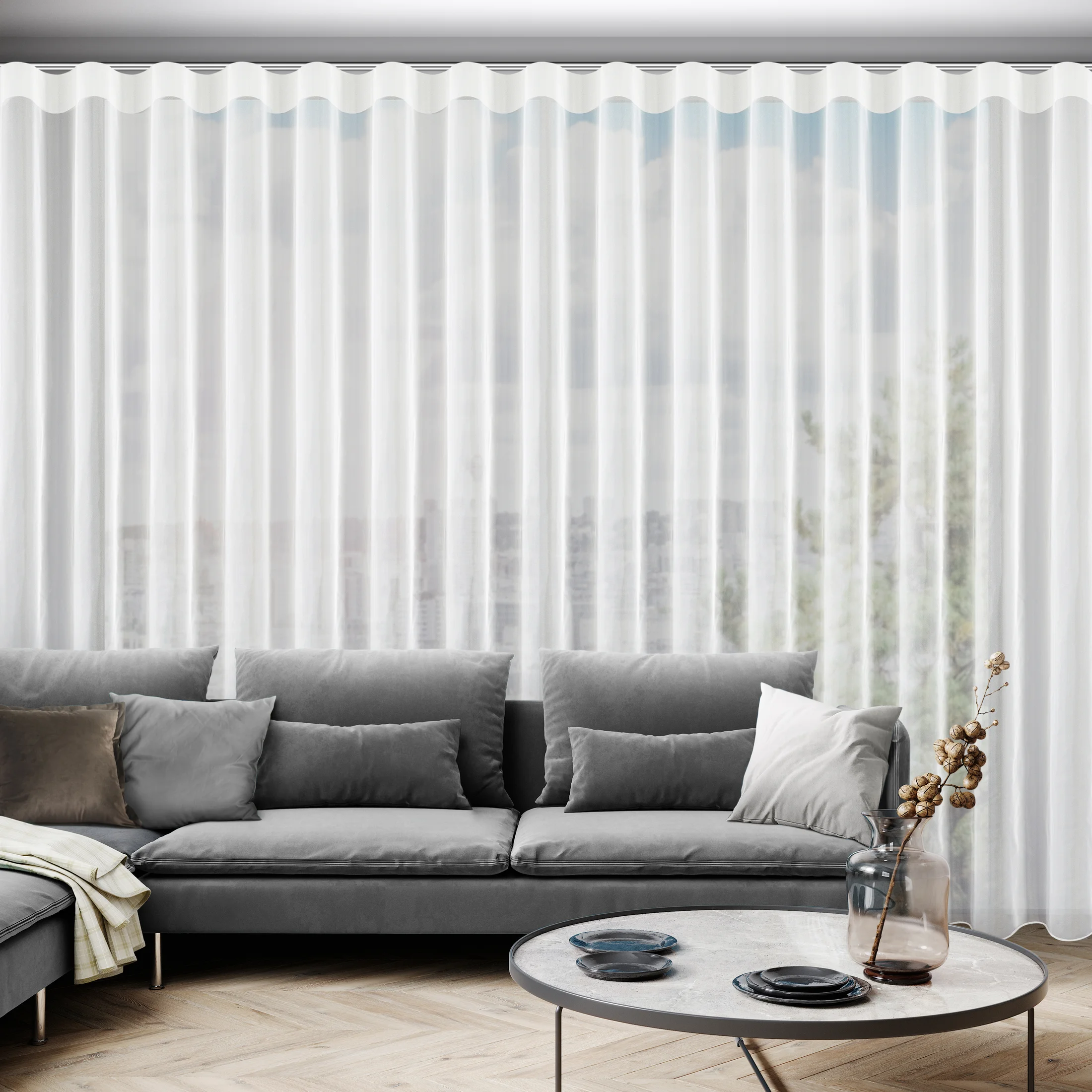 Firana kremowa z gładkiego mlecznego woalu wykończona szwem obciążającym VIOLET 200x270 cm fala 1:2