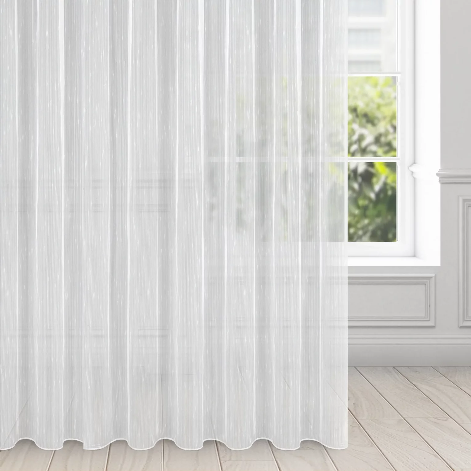 Firana biała z delikatnymi prążkami i efektem deszczyku 350x270 cm taśma PILAR