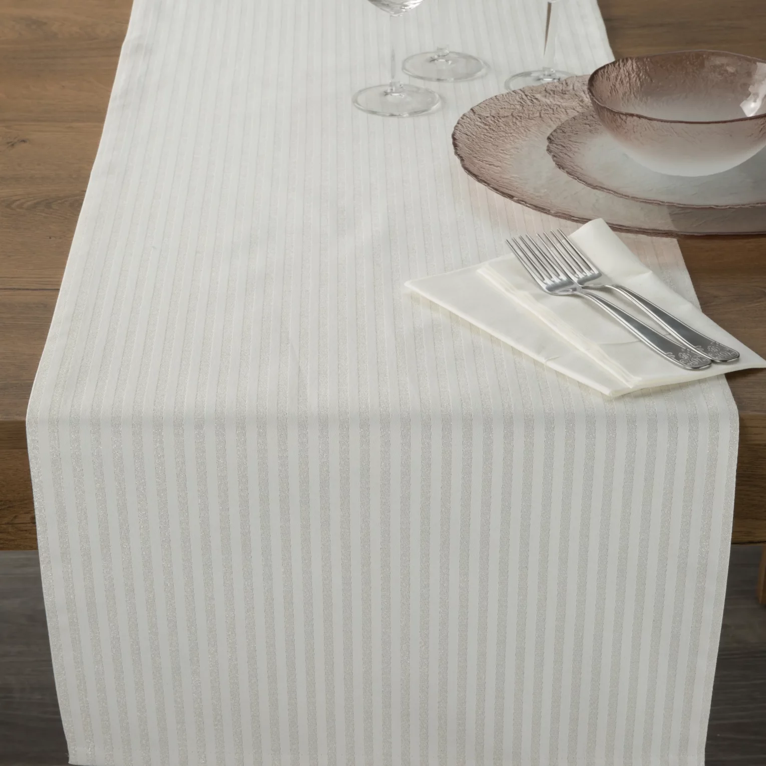 Bieżnik na stół naturalny 40x140 cm z żakardowej tkaniny FLASH świąteczny w prążki przetykany szampańską nicią