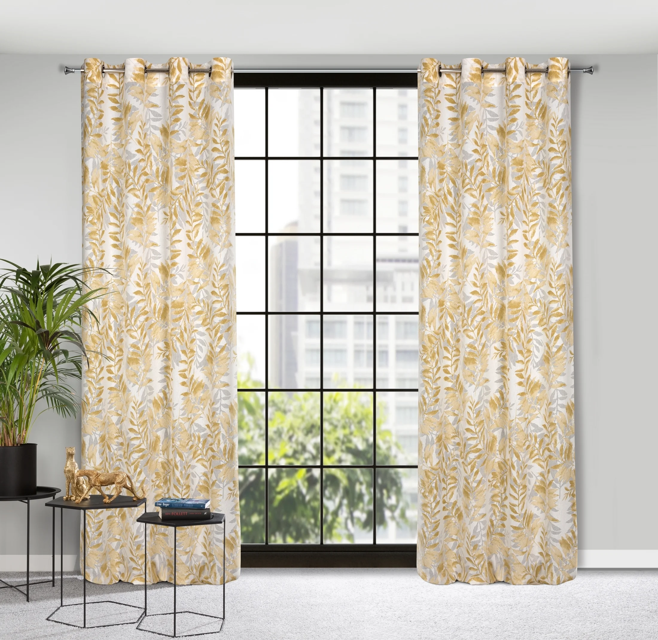 Zasłona naturalna w musztardowe liście 140x250 cm przelotka - HARIET