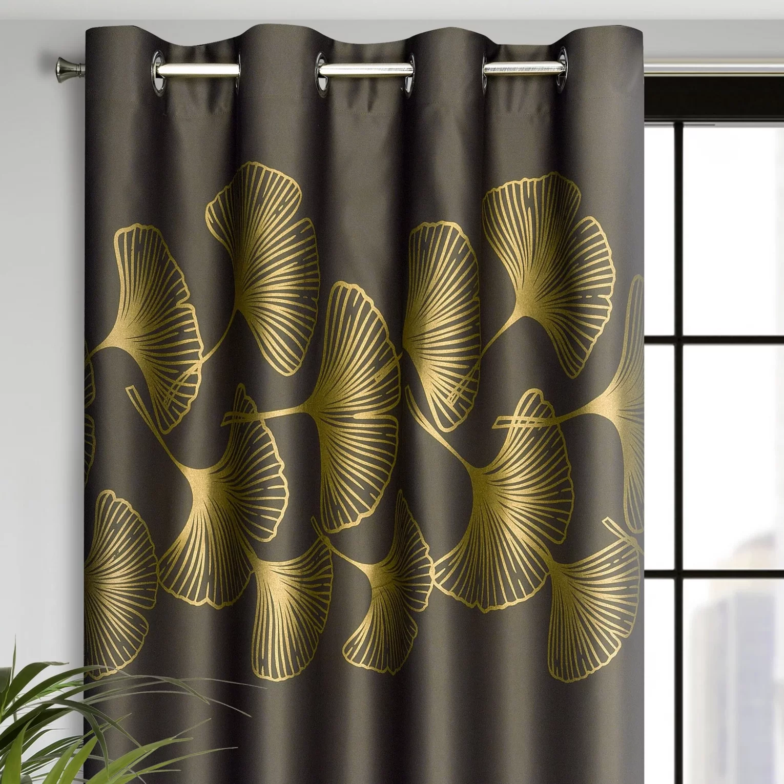 Zasłona brązowa ze złotym wzorem liści ginko, zaciemniająca 140x250 cm przelotka - HARMONY