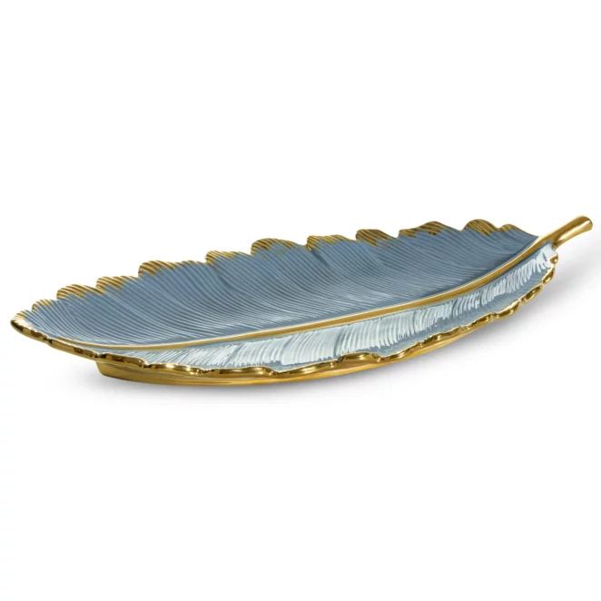 Patera ceramiczna dekoracyjna niebiesko-złota w formie liścia 53x23x7 cm HIRAL