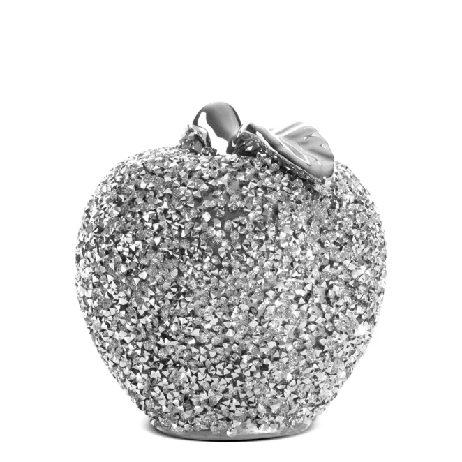 Figurka ceramiczna srebrna jabłko  zdobiona drobnymi kryształkami, w stylu glamour 9x9x11 cm PALMERA