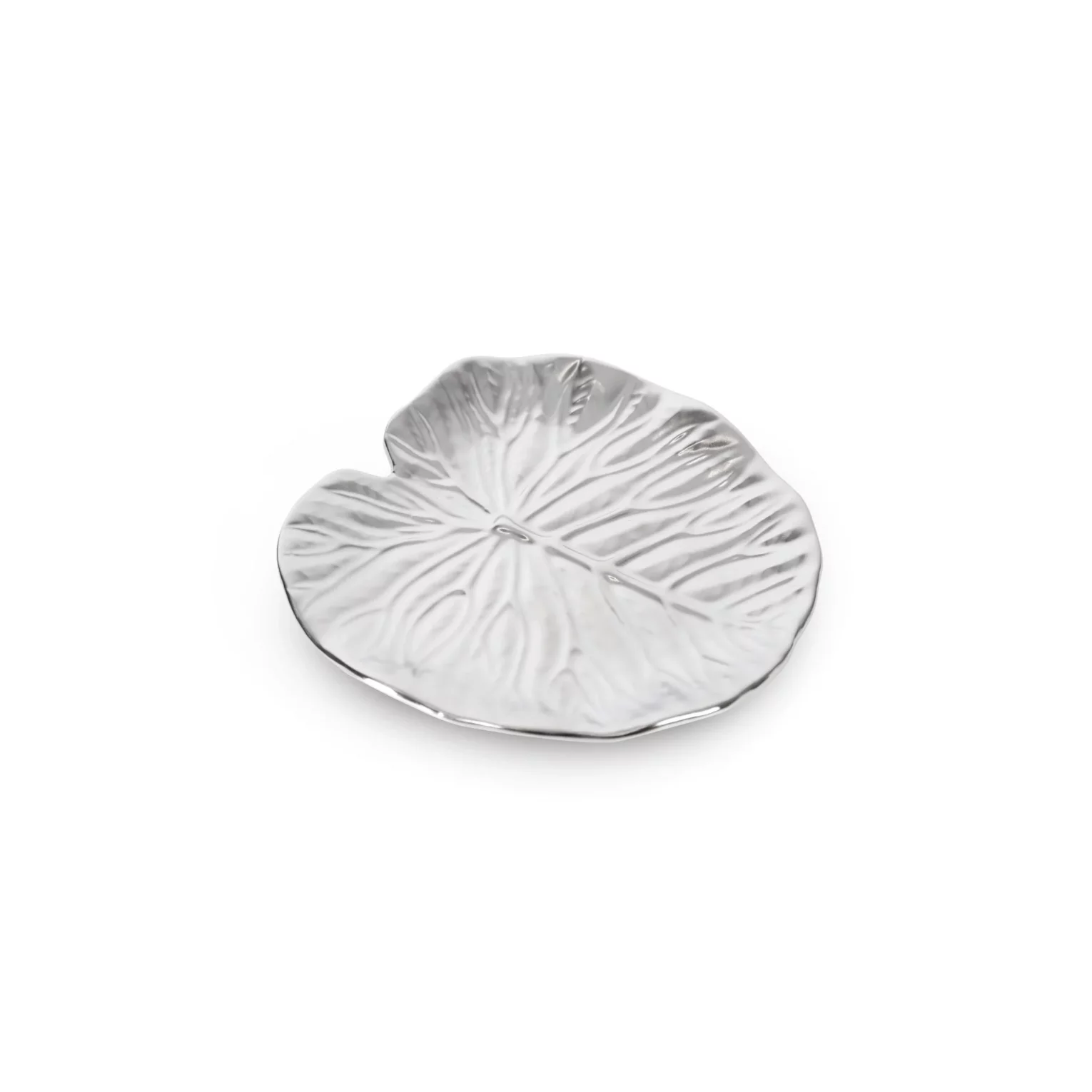 Patera ceramiczna dekoracyjna srebrna  w formie liścia z wytłoczeniami średnica 16x2 cm KALINA