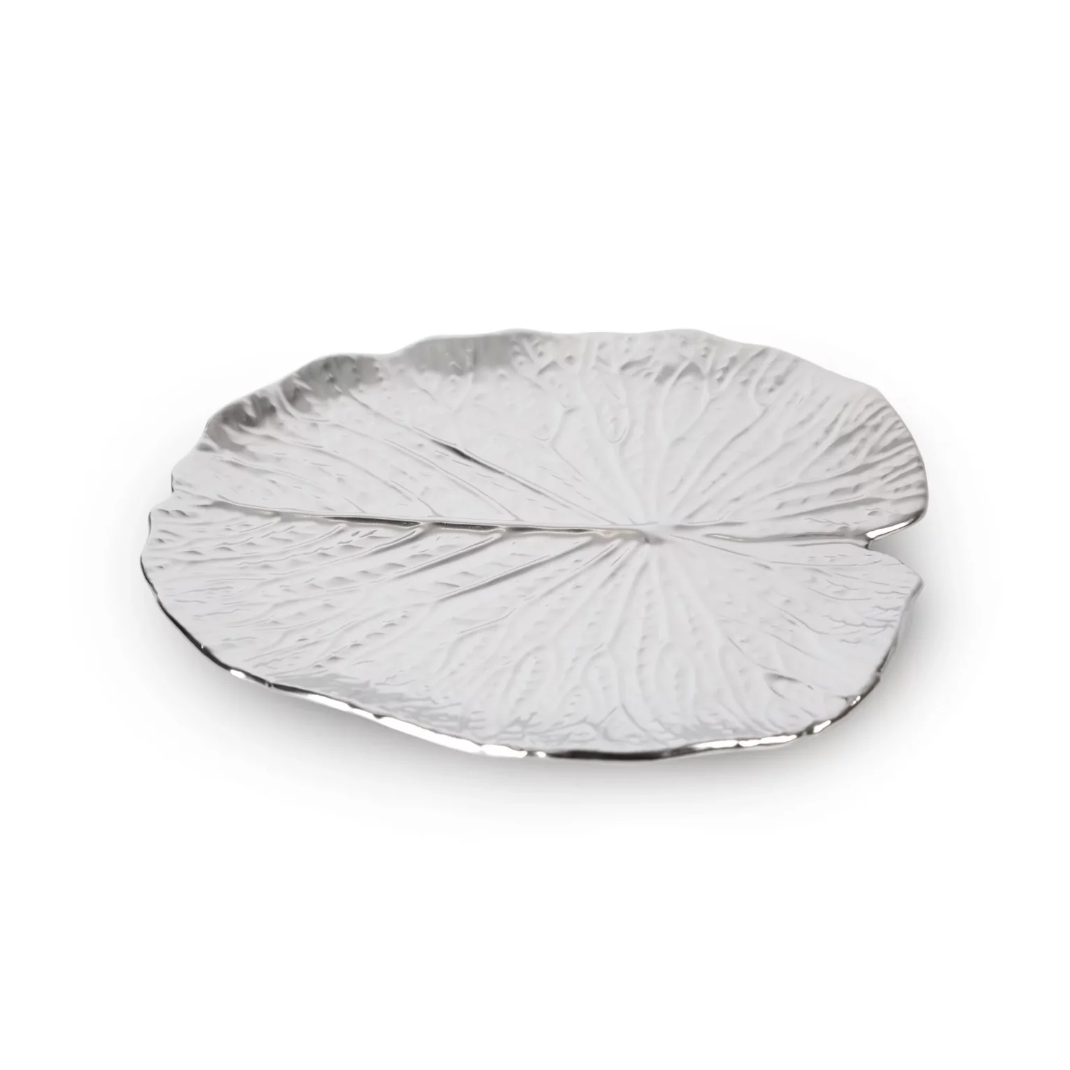 Patera ceramiczna dekoracyjna srebrna  w formie liścia z wytłoczeniami 27x27x2 cm KALINA