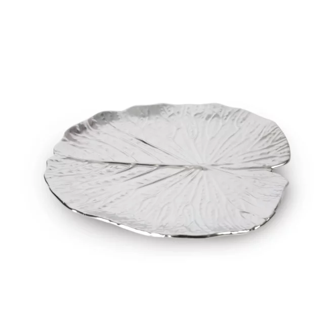 Patera ceramiczna dekoracyjna srebrna w formie liścia z wytłoczeniami 27x27x2 cm KALINA