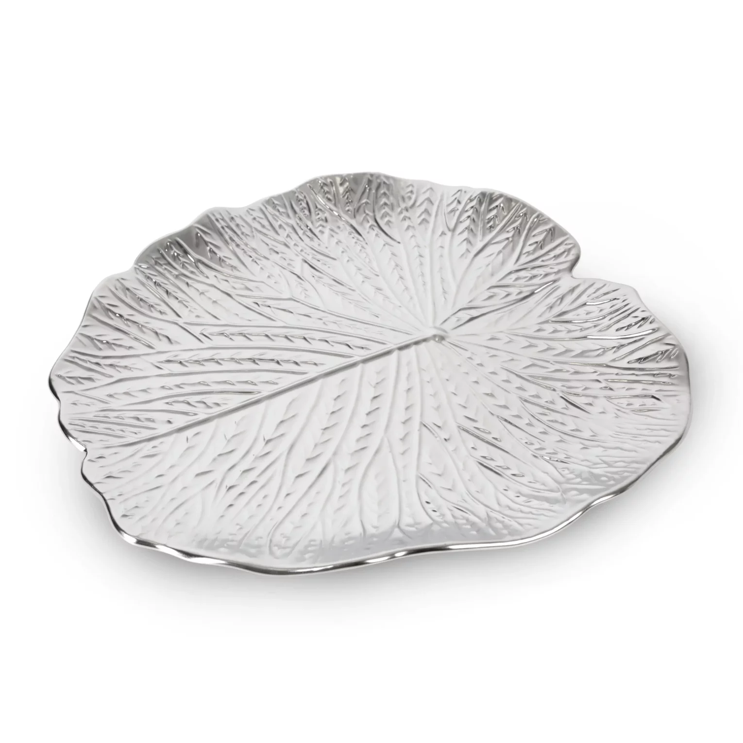 Patera ceramiczna dekoracyjna srebrna  w formie liścia z wytłoczeniami średnica 33x2 cm KALINA