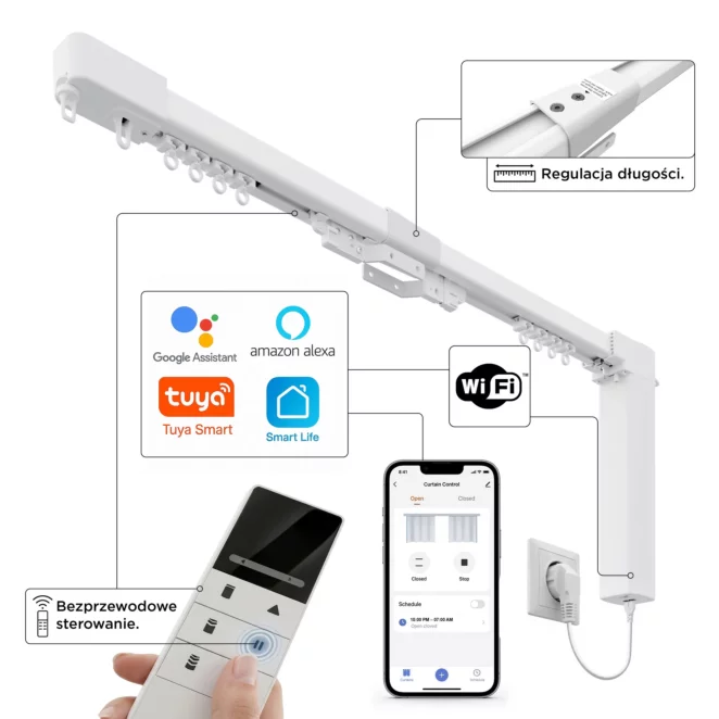 Karnisz elektryczny teleskopowy Creativa 180–300 cm 230V Wi-Fi z pilotem