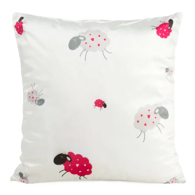 Poszewka na poduszkę 45x45 cm welwetowa, biało różowa z motywem baranków KIDS 3 DESIGN 91