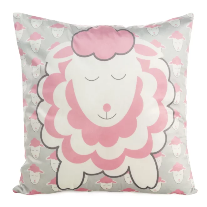 Poszewka na poduszkę 45x45 cm welwetowa, popielato różowa z motywem baranków KIDS 7 A DESIGN 91