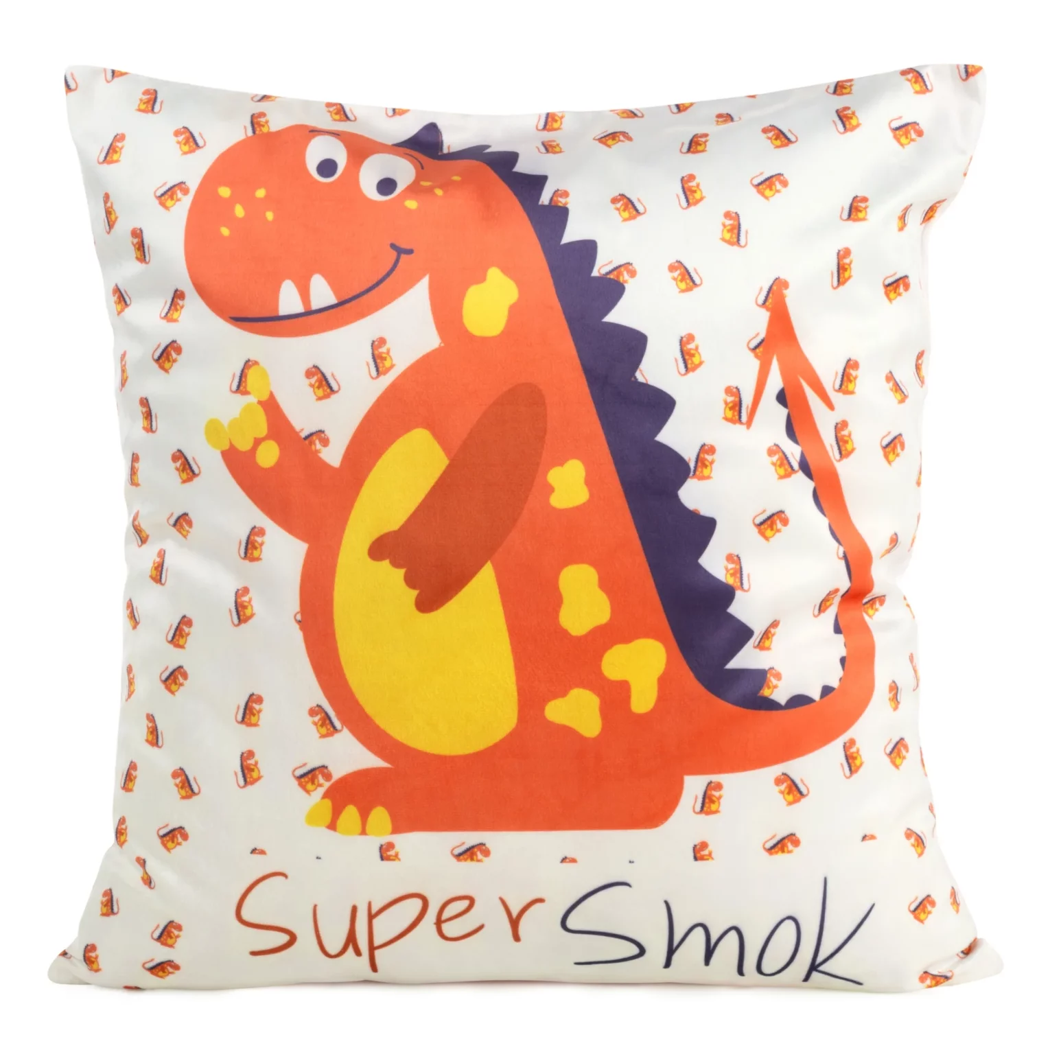 Poszewka na poduszkę 45x45 cm welwetowa, biało pomarańczowa z drukowanym motywem smoka KIDS 8B DESIGN 91
