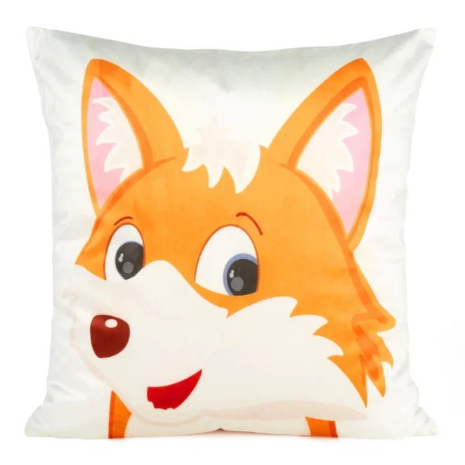 Poszewka na poduszkę 45x45 cm welwetowa, biało pomarańczowa z drukowany, motywem liska KIDS 9A DESIGN 91