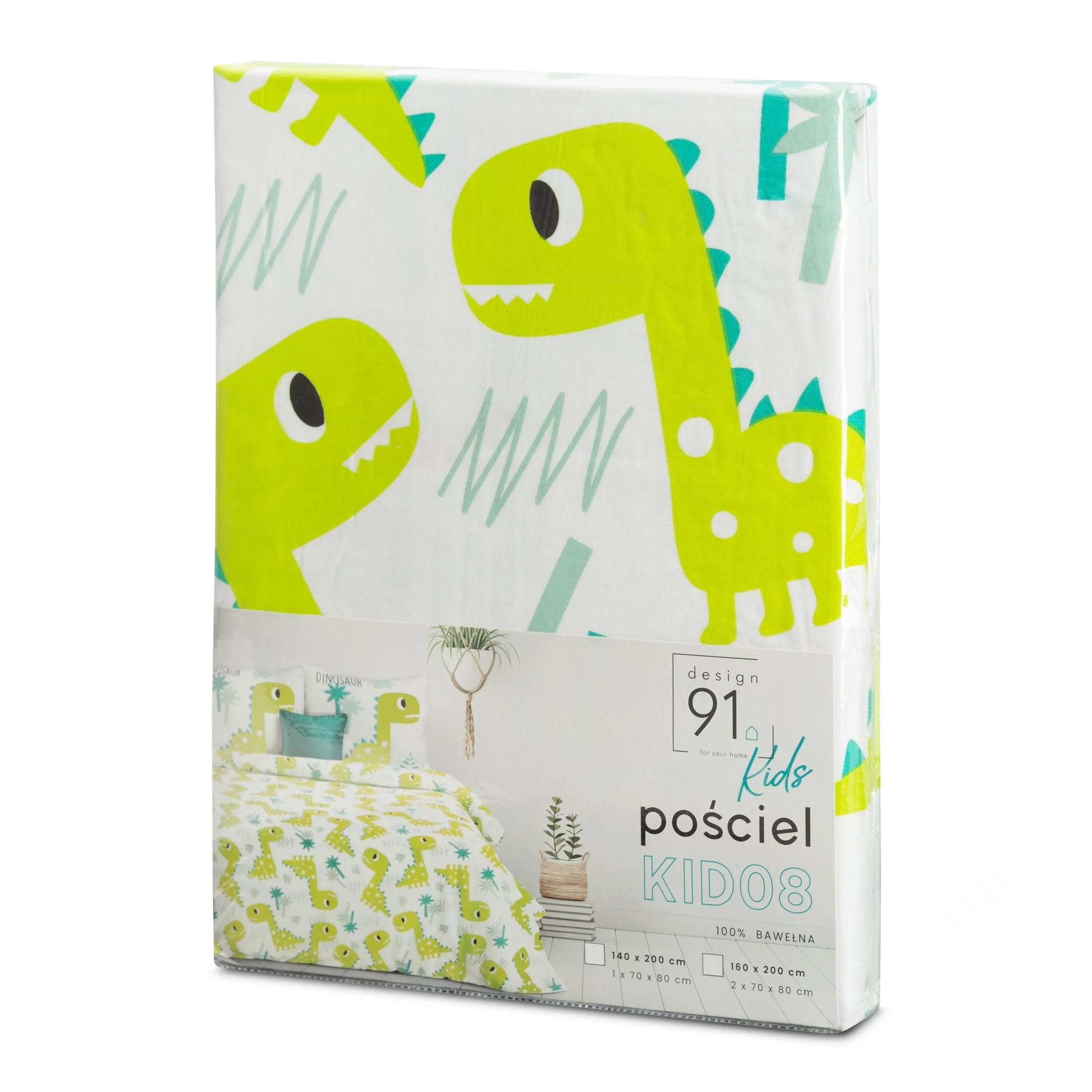 Pościel dziecięca 140x200 cm bawełniana kolor jasnozielony, biały z motywem dinozaurów Design 91