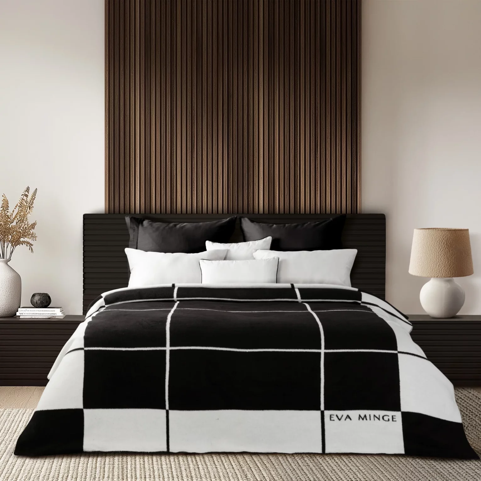 Koc bawełniano-akrylowy 220x240 cm biało, czarny z geometrycznym nadrukiem ELEGANTE Eva Minge