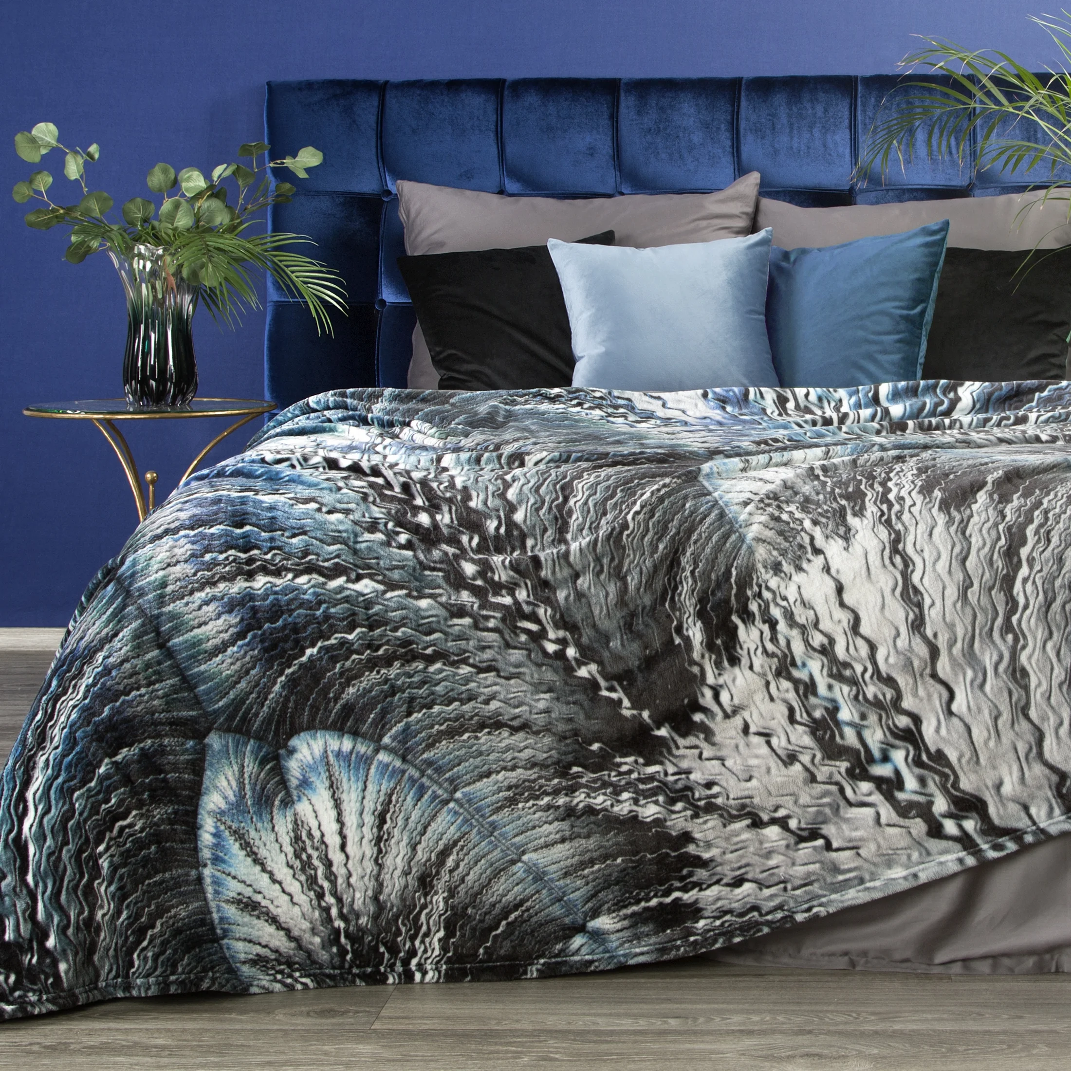 Koc falno 150x200 cm popielato, niebieski z fantazyjnym nadrukiem z efektem 3D ALLI