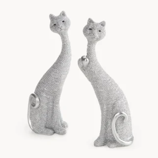 Komplet 2 szt figurek dekoracyjnych srebnych kotów  o drobnym strukturalnym wzorze 7x4x18 cm ELDO 67