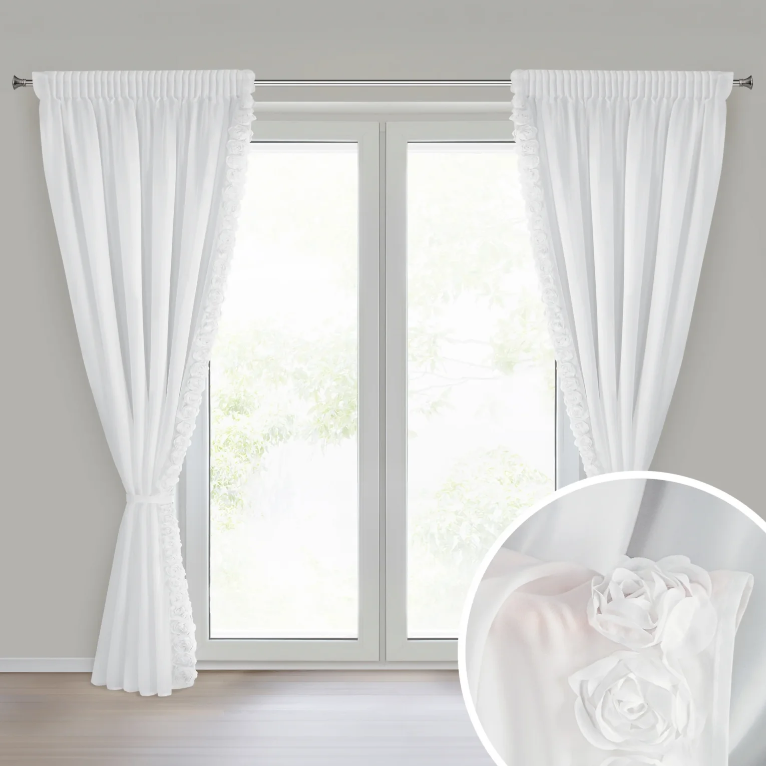 Komplet 2 szt. firan białych z tkaniny szyfonowej zdobiona pasem 3D róż, w zestawie troczek 140x270 cm taśma - ROSES Eva Minge