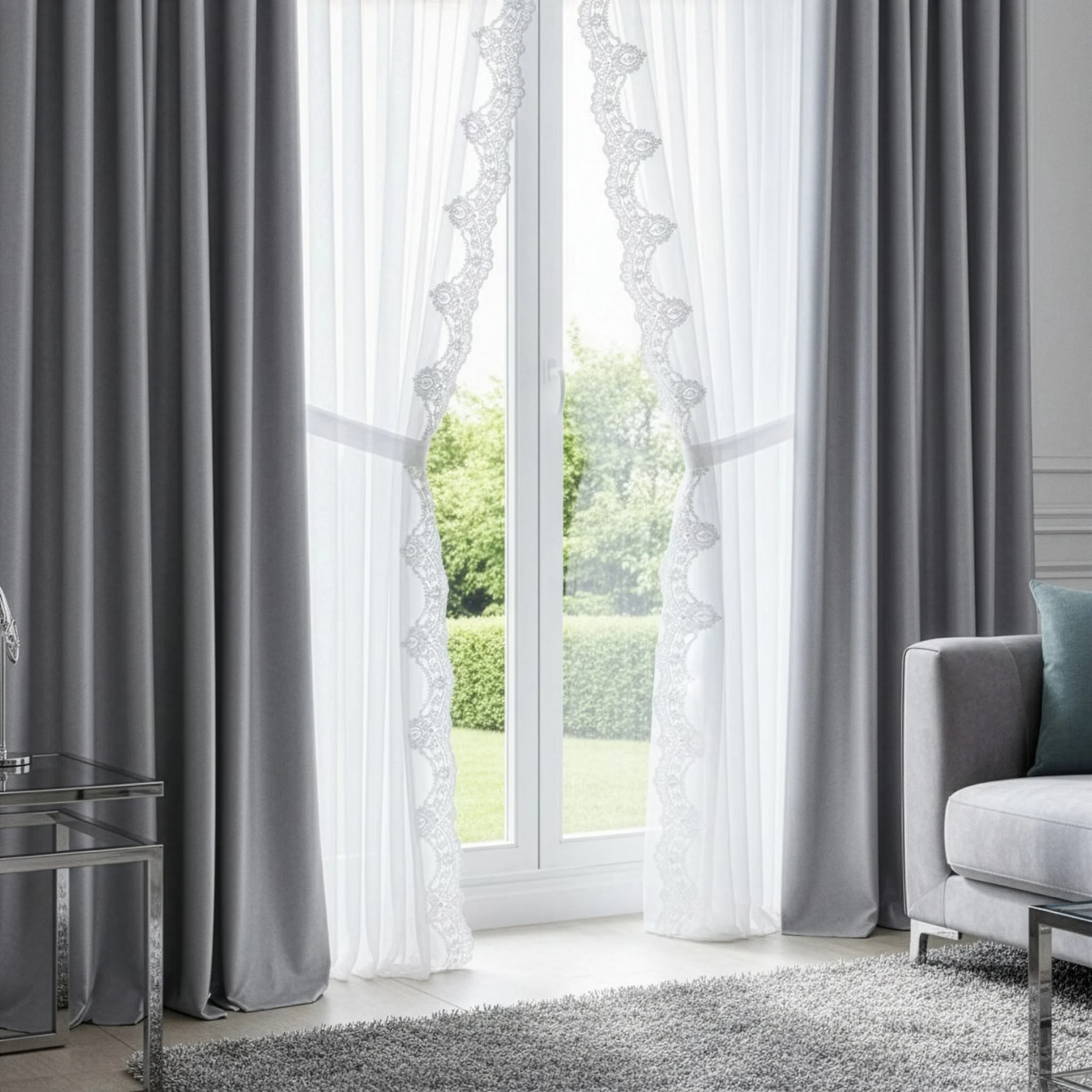 Komplet 2 szt. firan białych zdobionych haftem, troczki w zestawie 140x270 cm AMADI