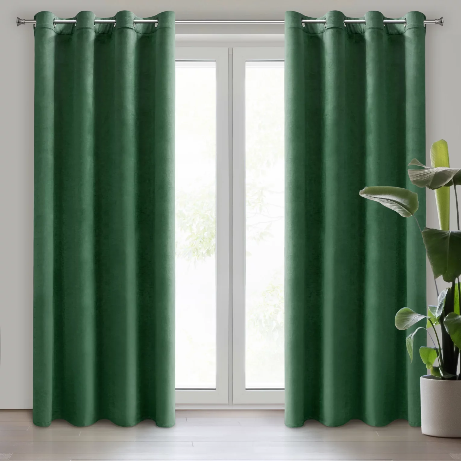 Komplet 2 szt. zasłon ciemnozielonych z welwetowej tkaniny 140x250 cm przelotki - DARLA
