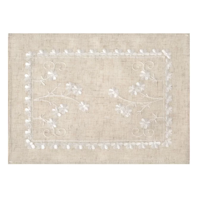 Komplet 4 szt serwetek na stół beżowo, biały 30x40 cm ADELINE z dodatkiem lnu zdobiony haftem