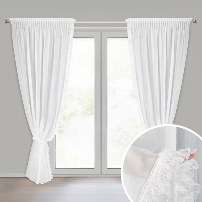 Komplet firan białych zdobionych aplikacją z gipiurą z perełkami 140x270 cm taśma+troczek ELENA