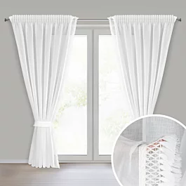Komplet firan białych 2 szt z etaminy zdobionych subtelnymi frędzlami w zestawie troczki 140x270 cm taśma KIRA 3