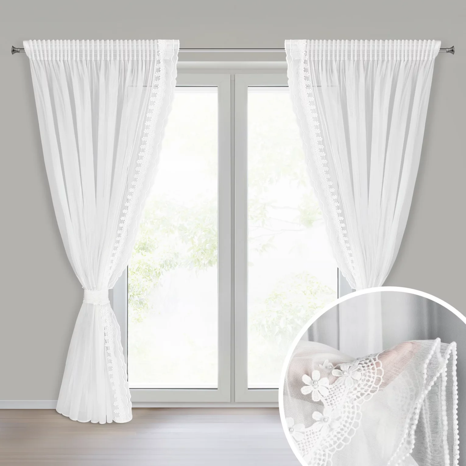 Komplet białych firan 2 szt zdobionych koronką z perełkami, troczek w zestawie 140x270 cm taśma LARISA