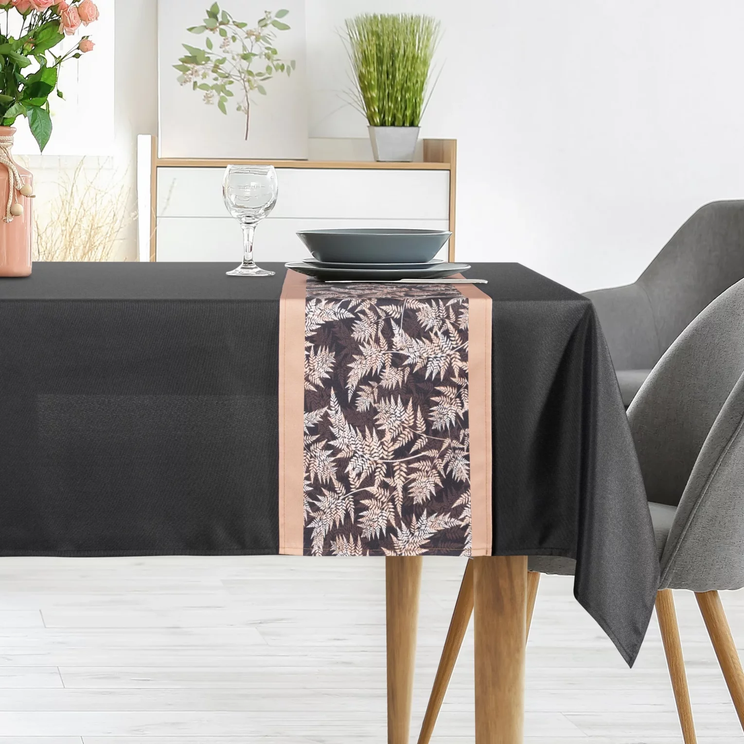 Komplet obrus z bieżnikiem czarno, beżowy 140x220 cm ANITA 1 zdobiony subtelnym wzorem roślinnym