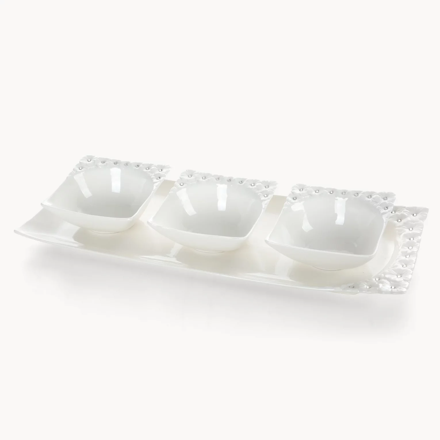 Komplet patera + 3 miseczki dekoracyjna biała zdobiona w drobne kwiaty z błyszczącym wykończeniem 40x16x5 cm ELISA