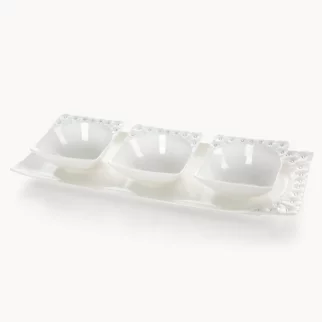 Komplet patera + 3 miseczki dekoracyjna biała zdobiona w drobne kwiaty z błyszczącym wykończeniem 40x16x5 cm ELISA