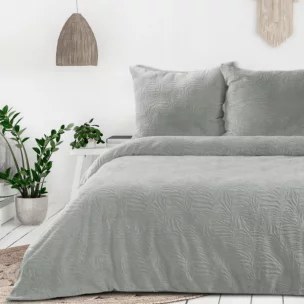 Pościel welwetowa 220x200 cm komplet 3 częściowy kolor srebrny z wytłaczanym wzorem FLANO