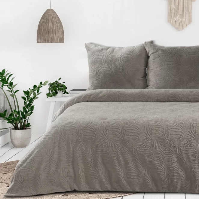 Pościel welwetowa 220x200 cm komplet 3 częściowy kolor beżowy z wytłaczanym wzorem FLANO
