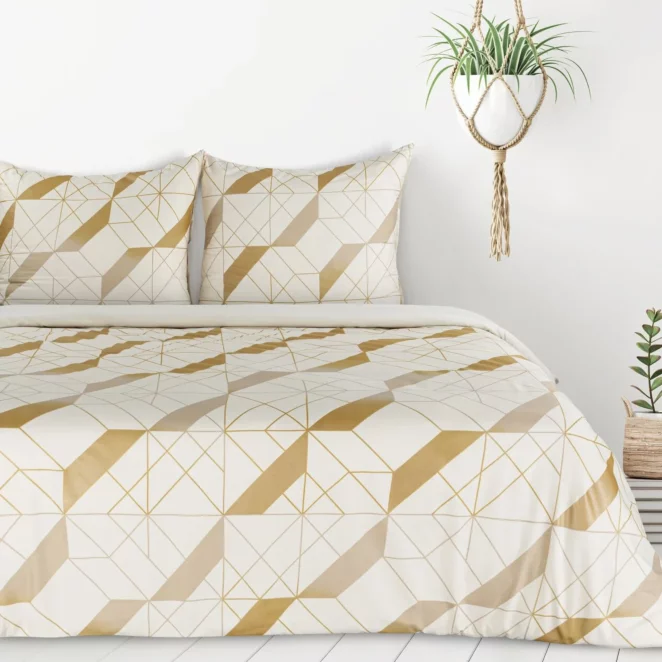 Pościel 220x200 cm komplet 3 częściowy kolor biały, złoty z nadrukiem geometrycznym GEO 2 Design 91