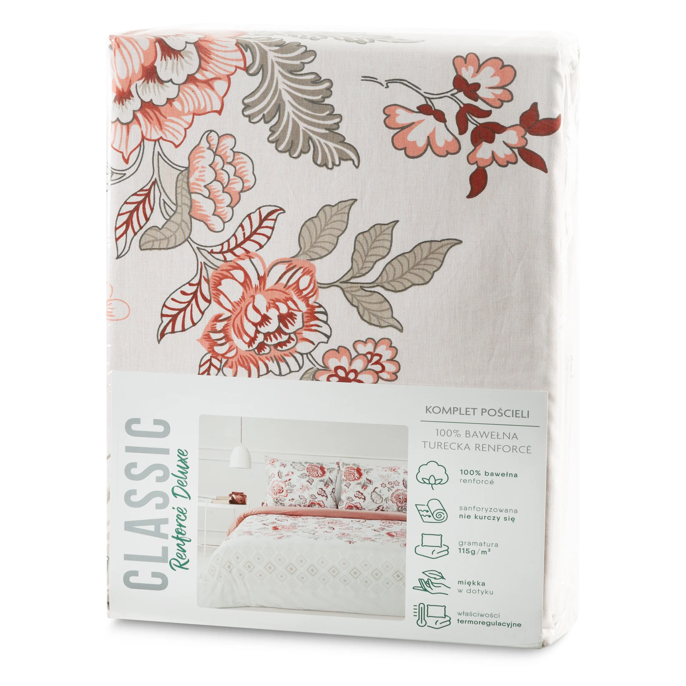 Pościel 220x200 cm bawełniana kolor koralowy, biały z wzorem dużych kwiatów SARA 33